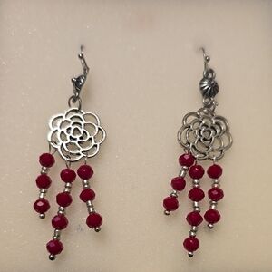 Silver and Red Floral Dangle Earrings